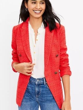 LOFT Coral Red Tweed Double-Breasted Blazer size 2 (fits like 4)